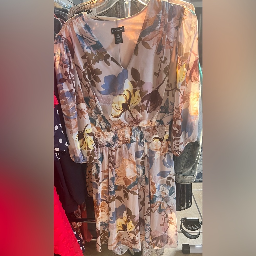 Dress with v neck   sheer/  creams/ browns